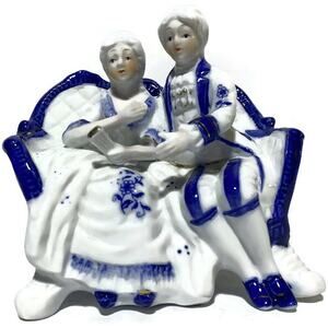 Victorian Couple Sitting on Sofa Figurine Cobalt Blue and White Vintage Decor